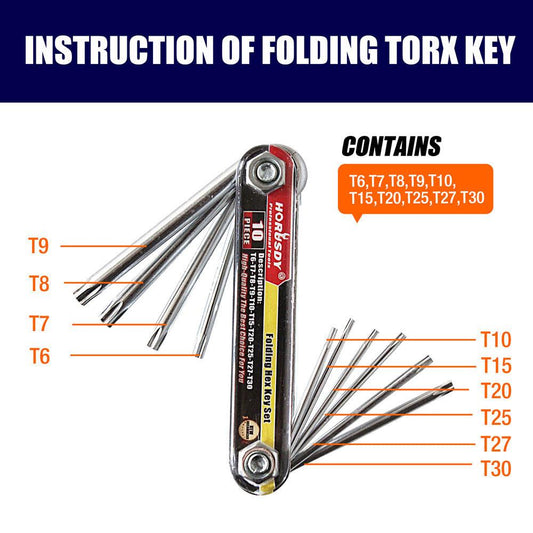 10-Piece Folding Torx Key Wrench Set - T6-T30 Star Keys, Portable Multi-Tool(silver).