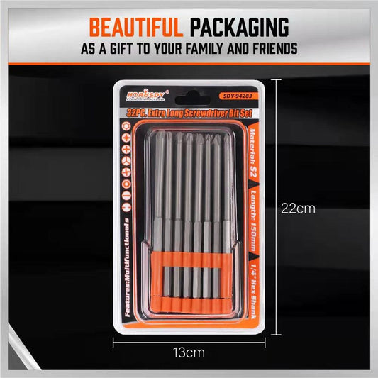 32-Piece Extra Long Screwdriver Bit Set - 150mm S2 Steel Bits with Organizer Stand.