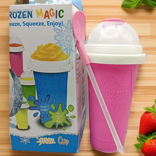 DIY Frozen Magic Slushy Maker Cup - Quick Squeeze Smoothie Cup with Lid & Straw/Spoon(Rose Red).