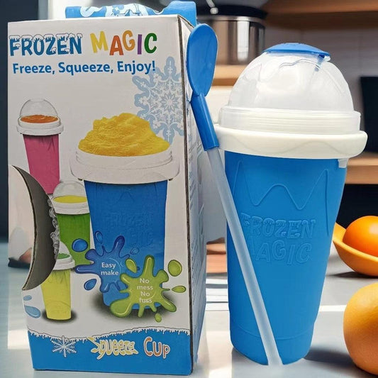 DIY Frozen Magic Slushy Maker Cup - Quick Squeeze Smoothie Cup with Lid & Straw/Spoon(Blue).