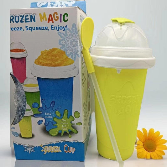 DIY Frozen Magic Slushy Maker Cup - Quick Squeeze Smoothie Cup with Lid & Straw/Spoon(Yellow).
