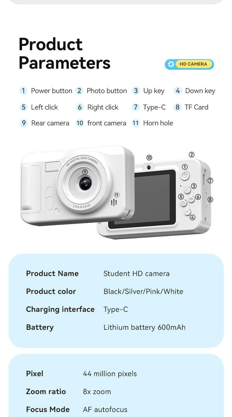 Student HD Digital Camera - 44MP, 8x Zoom, Autofocus, Dual Lens, Type-C Charging (Silver).