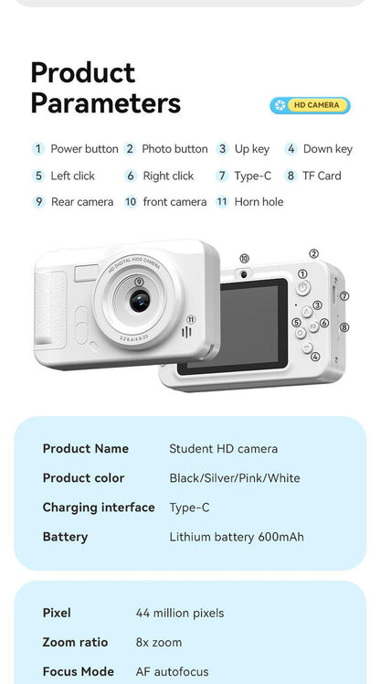 Student HD Digital Camera - 44MP, 8x Zoom, Autofocus, Dual Lens, Type-C Charging (Silver).