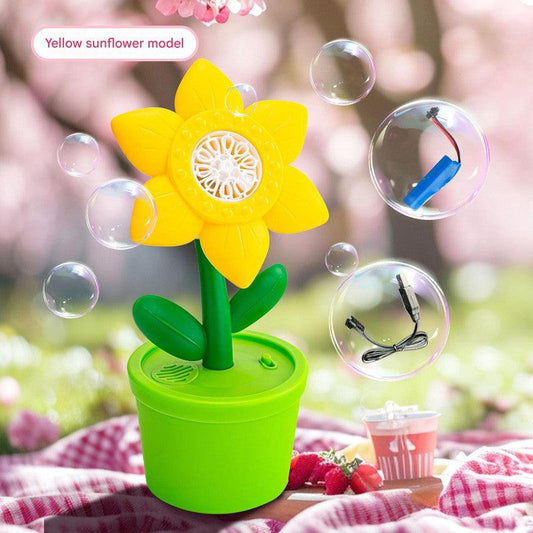 Electric Flower Bubble Machine with Music - Rechargeable, 10-Hole Output(yellow).