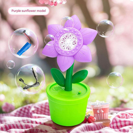 Electric Flower Bubble Machine with Music - Rechargeable, 10-Hole Output(Purple).