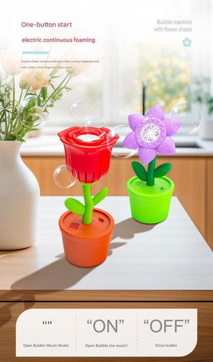 Electric Flower Bubble Machine with Music - Rechargeable, 10-Hole Output(Red).