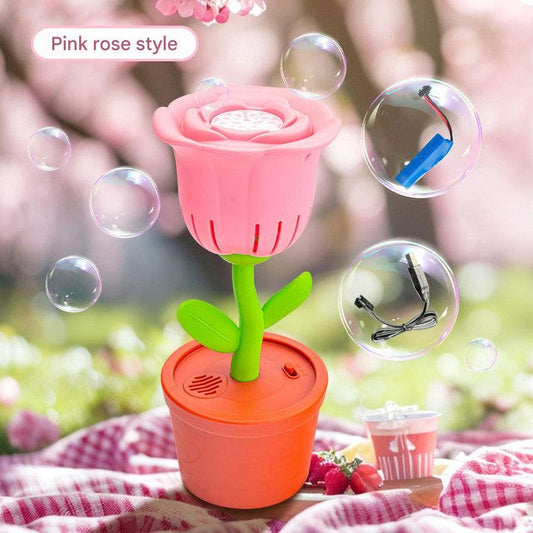 Electric Flower Bubble Machine with Music - Rechargeable, 10-Hole Output(Pink).