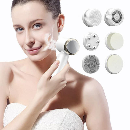 White 6-in-1 Electric Facial Cleansing Brush Set - Rechargeable & Waterproof.