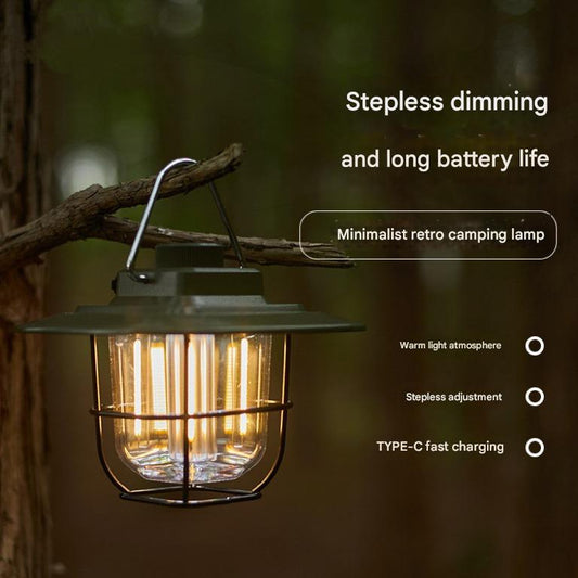 Beige Vintage LED Camping Lantern - Rechargeable, Stepless Dimming, Power Bank.