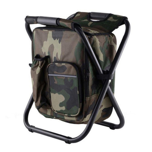 Camouflage Insulated Cooler Backpack Chair - Foldable Stool for Picnics & BBQ.