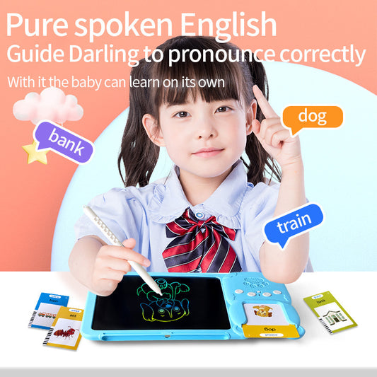 Blue (255 cards, pure English) Kids Interactive Early Education Toy: Combination Card Reader & LCD Drawing Board for Toddlers