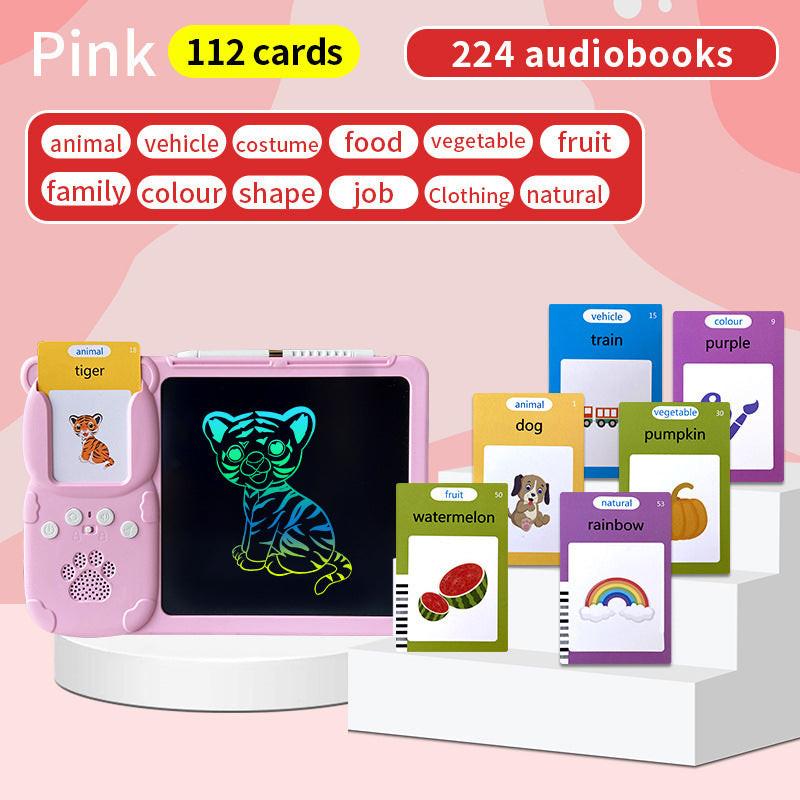 Pink (112 cards, pure English) Kids Interactive Early Education Toy: Combination Card Reader & LCD Drawing Board for Toddlers.