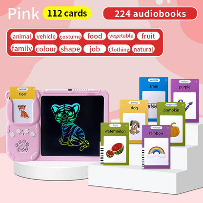 Pink (112 cards, pure English) Kids Interactive Early Education Toy: Combination Card Reader & LCD Drawing Board for Toddlers.