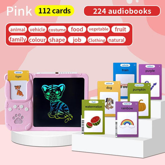 Pink (112 cards, pure English) Kids Interactive Early Education Toy: Combination Card Reader & LCD Drawing Board for Toddlers.