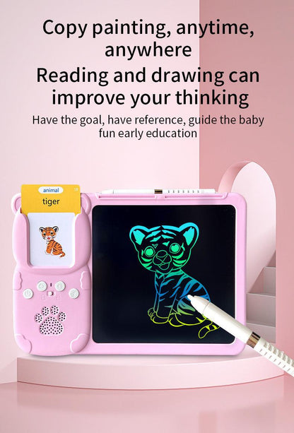 Pink (112 cards, pure English) Kids Interactive Early Education Toy: Combination Card Reader & LCD Drawing Board for Toddlers.