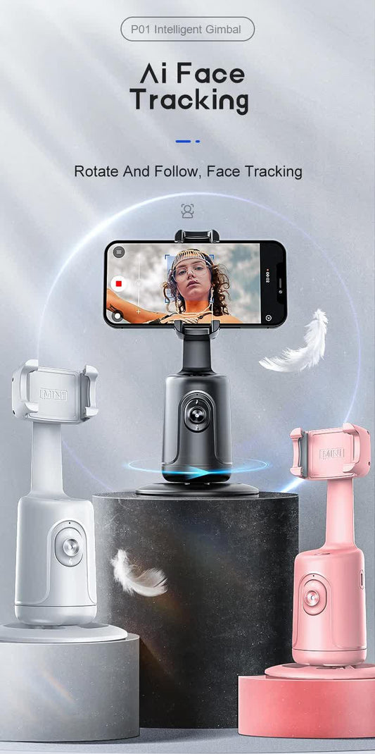 Black AI Smart Auto Tracking Phone Holder - 360Â° Rotation Face & Body Tracking Mount.