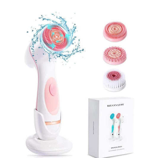 Pink Waterproof Facial Cleansing Spin Brush Set - Rechargeable with 3 Heads & Charging Stand.