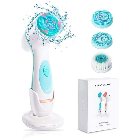 Blue Waterproof Facial Cleansing Spin Brush Set - Rechargeable with 3 Heads & Charging Stand.