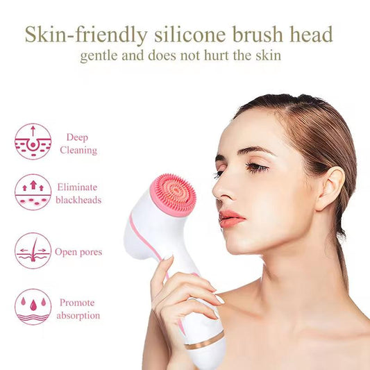 Blue Waterproof Facial Cleansing Spin Brush Set - Rechargeable with 3 Heads & Charging Stand.