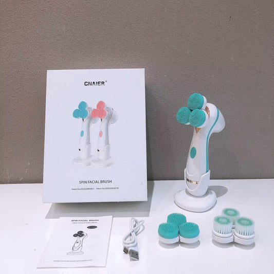Blue 3-Head Electric Facial Cleansing Brush - Rechargeable Spin Scrubber Kit.