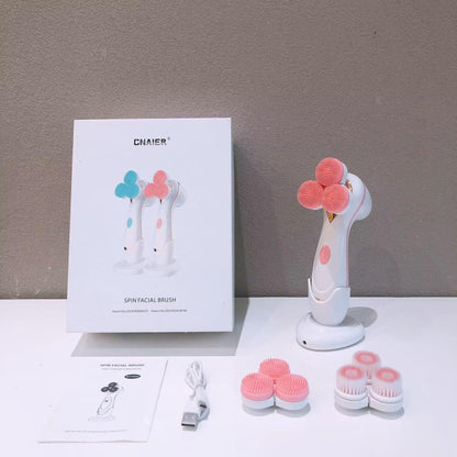 Pink 3-Head Electric Facial Cleansing Brush - Rechargeable Spin Scrubber Kit.