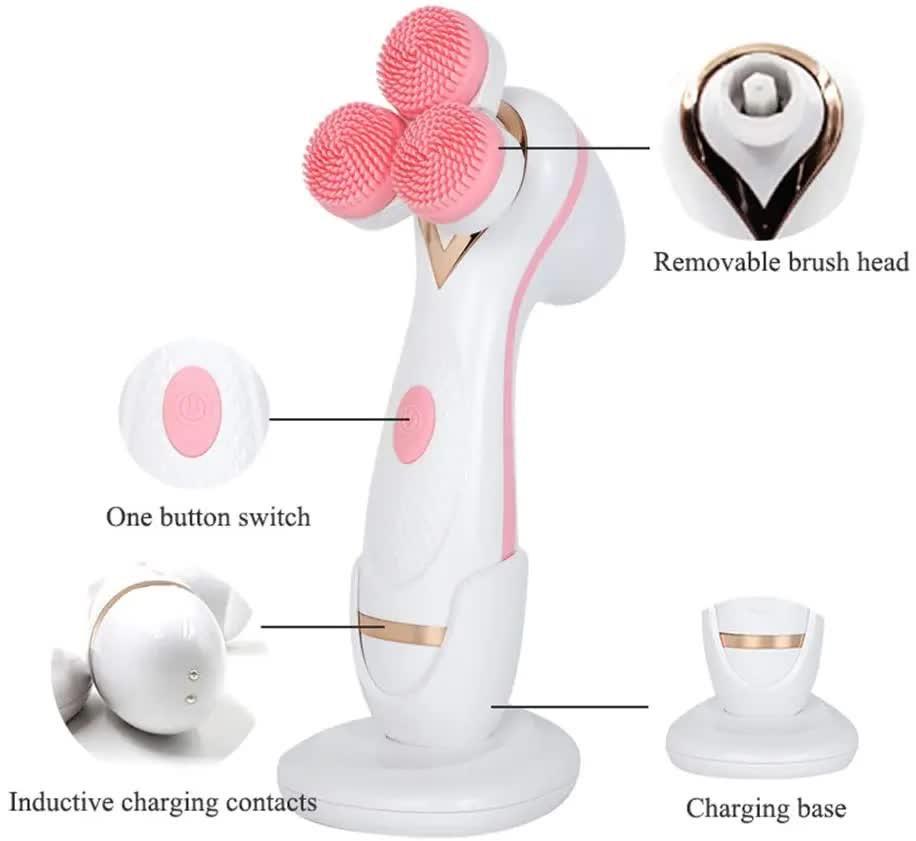 Pink 3-Head Electric Facial Cleansing Brush - Rechargeable Spin Scrubber Kit.