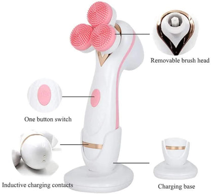 Pink 3-Head Electric Facial Cleansing Brush - Rechargeable Spin Scrubber Kit.
