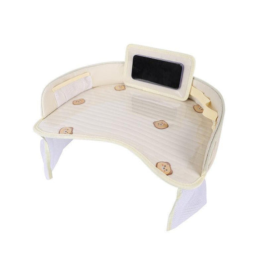 Kids Car Seat Travel Tray - Waterproof Lap Desk with Storage Pockets (Beige Bear - Round).