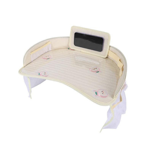 Kids Car Seat Travel Tray - Waterproof Lap Desk with Storage Pockets (Beige bunny - Round).