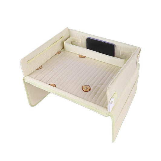 Kids Car Seat Travel Tray - Waterproof Lap Desk with Storage Pockets (Beige Bear - Square).