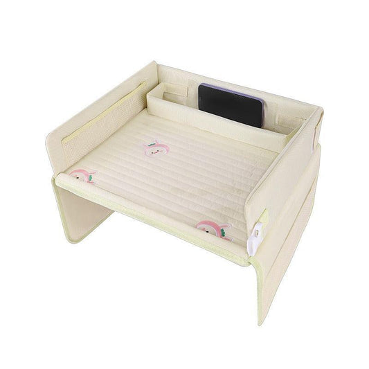 Kids Car Seat Travel Tray - Waterproof Lap Desk with Storage Pockets (Beige bunny - Round).