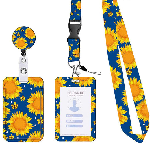 2-pcs Retractable ID Badge Reel Lanyard Set with Vertical Hard Plastic Card Holder - Blue Yellow Floral (Style 1).