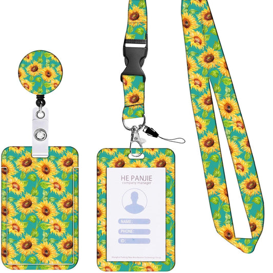 2-pcs Retractable ID Badge Reel Lanyard Set with Vertical Hard Plastic Card Holder - Green sunflowers (Style 2).