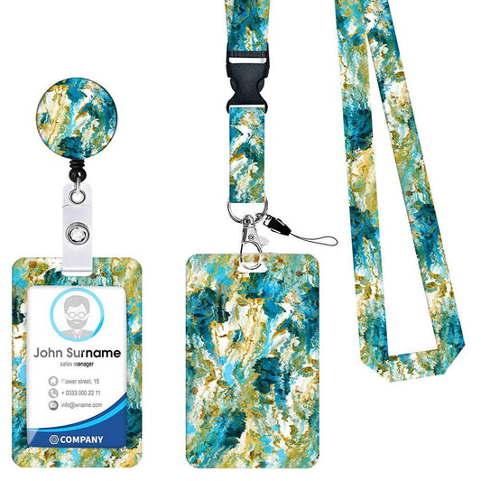2-pcs Retractable ID Badge Reel Lanyard Set with Vertical Hard Plastic Card Holder - Blue rock patterns (Style 3).