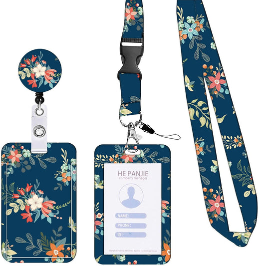 2-pcs Retractable ID Badge Reel Lanyard Set with Vertical Hard Plastic Card Holder - Blue flowers and plants (Style 4).