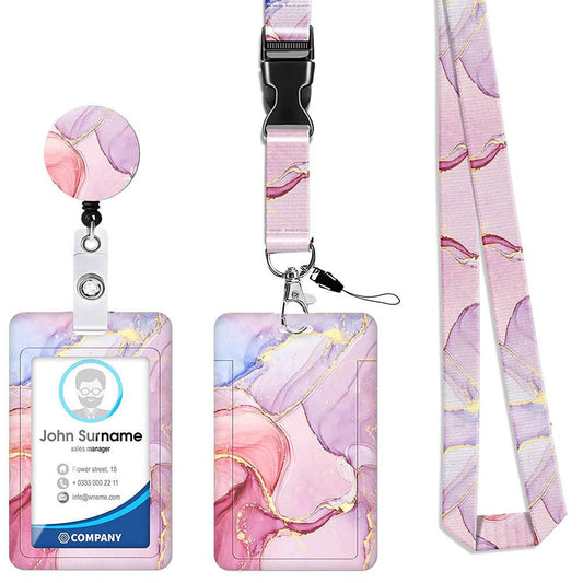 2-pcs Retractable ID Badge Reel Lanyard Set with Vertical Hard Plastic Card Holder - Pink marble patterns (Style 6).