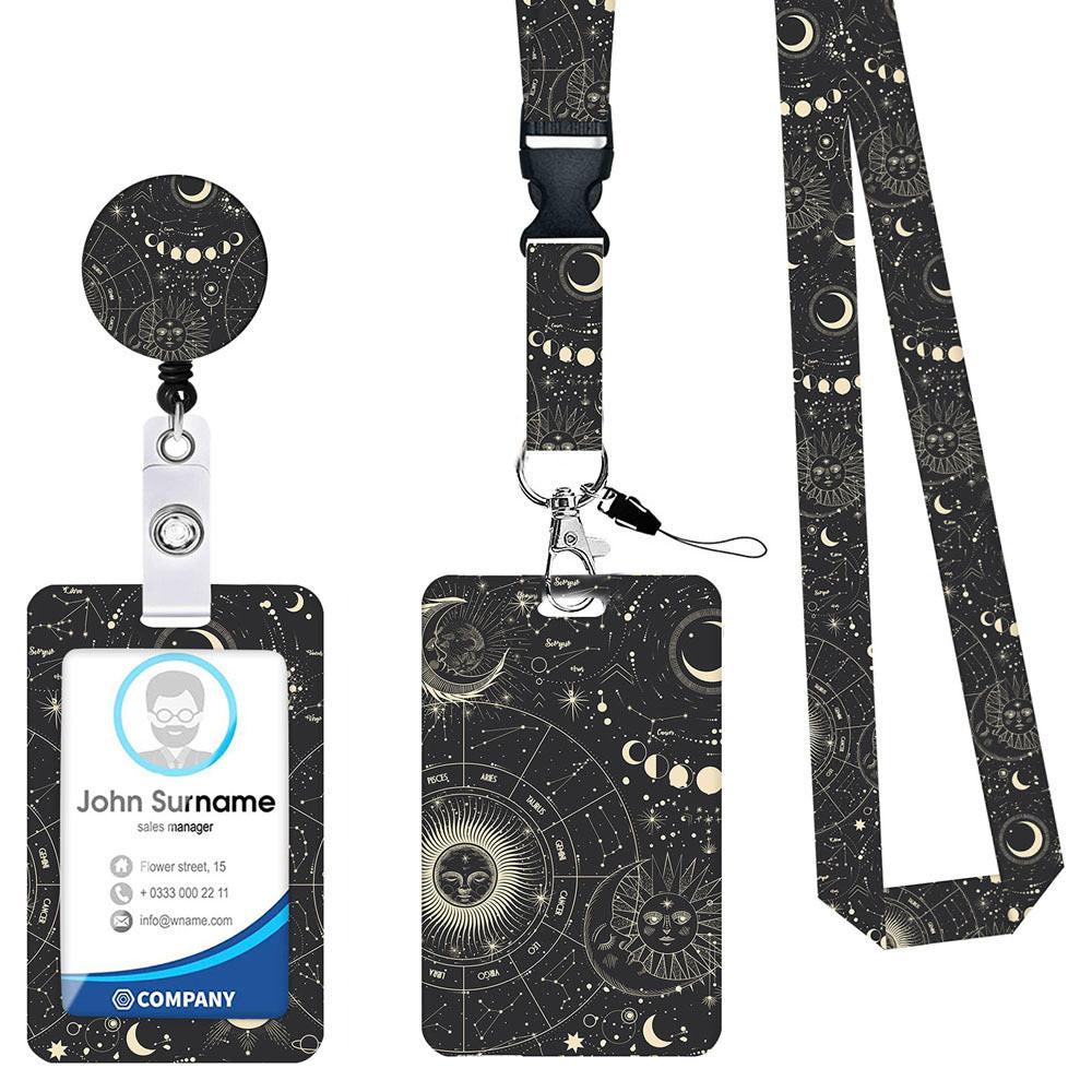 2-pcs Retractable ID Badge Reel Lanyard Set with Vertical Hard Plastic Card Holder - Black starry sky (Style 7).