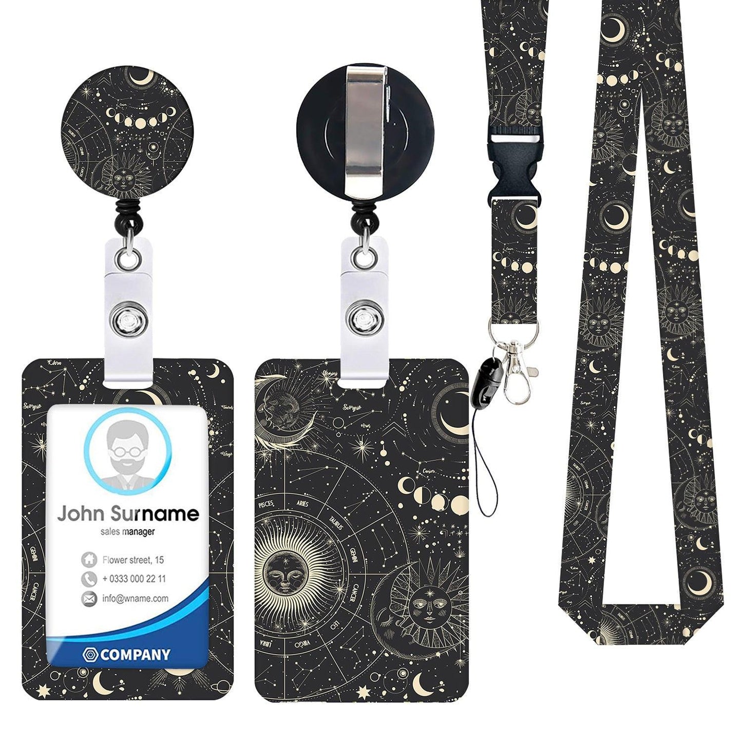2-pcs Retractable ID Badge Reel Lanyard Set with Vertical Hard Plastic Card Holder - Black starry sky (Style 7).