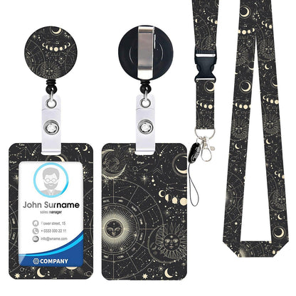 2-pcs Retractable ID Badge Reel Lanyard Set with Vertical Hard Plastic Card Holder - Black starry sky (Style 7).