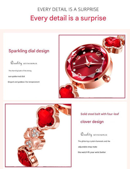 Green Women's Four-Leaf Clover Quartz Watch with Red Dial and Crystal Accents