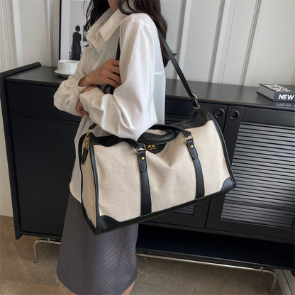 Black Contrast Color Women's Travel Bag - Canvas & PU Leather Trim Luggage (43x27x19cm)