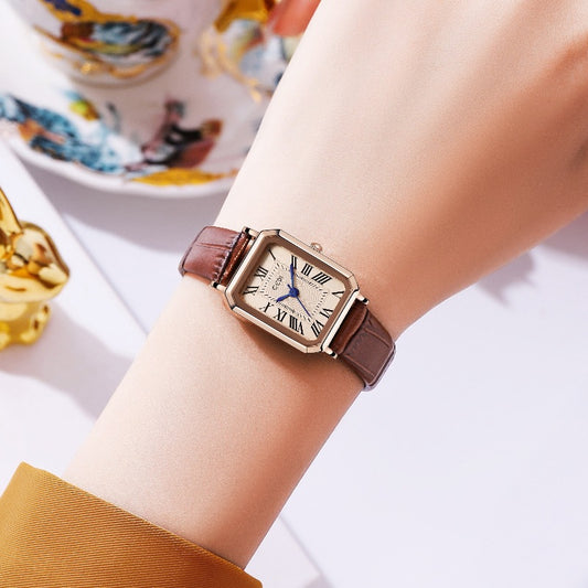 Rose gold case, white dial and black belt Ladies Quartz Watch - Classic Rectangular, Leather Band