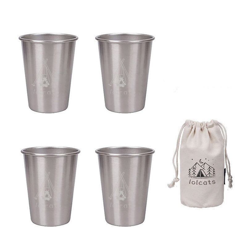 Silver 304 Stainless Steel Camping Cup - 350ml Outdoor Drinkware(Set of 4 with Bag).