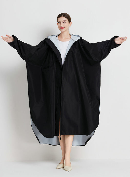 Black Stylish Waterproof Raincoat Poncho - Long, Packable for Outdoor Travel & Hiking.