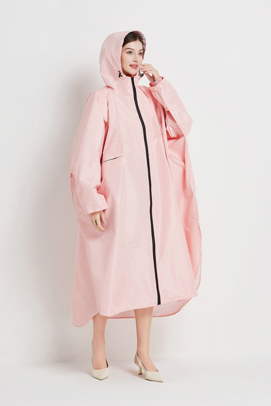 Light pink Stylish Waterproof Raincoat Poncho - Long, Packable for Outdoor Travel & Hiking.