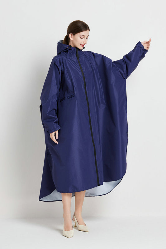 Dark blue Stylish Waterproof Raincoat Poncho - Long, Packable for Outdoor Travel & Hiking.