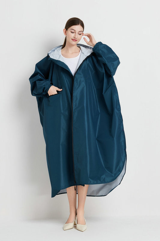 Sea blue Stylish Waterproof Raincoat Poncho - Long, Packable for Outdoor Travel & Hiking.