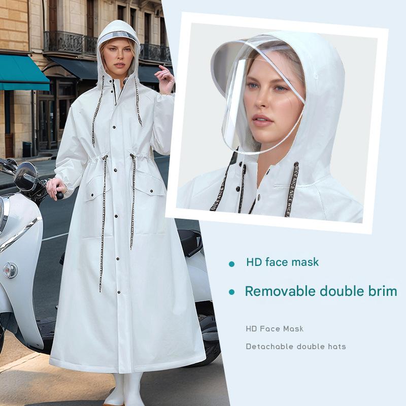 White Women's Long Waterproof Raincoat with Hood and Visor - Stylish Rain Jacket (Size - L)