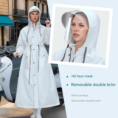White Women's Long Waterproof Raincoat with Hood and Visor - Stylish Rain Jacket (Size - L)