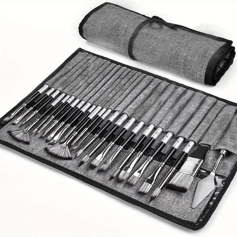 24pc Artist Paint Brush Set with Canvas Roll-Up Case - Nylon Hair Brushes for Acrylic Watercolor Oil Gouache Painting.